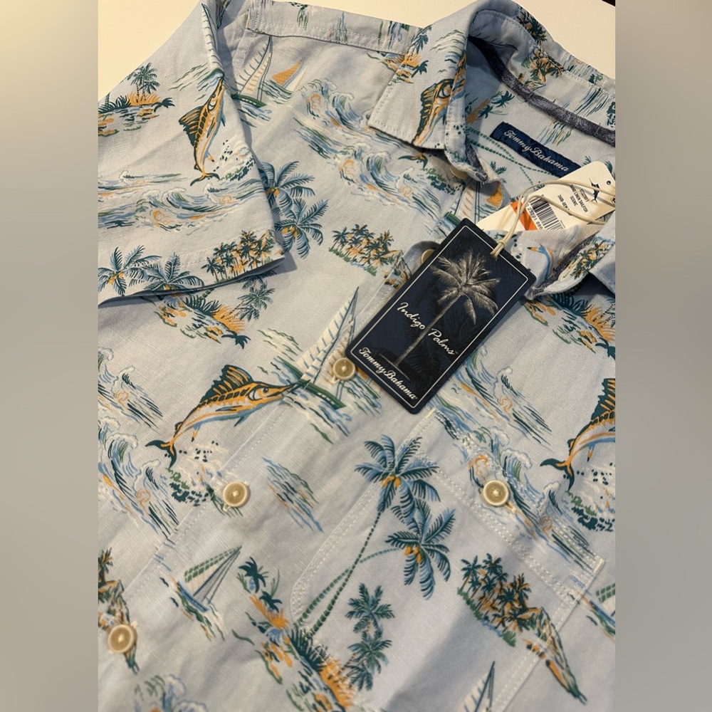 Tommy Bahama Mens S Blue Sand Linen Sailfish Senic Swordfish Palm Trees Shirt
